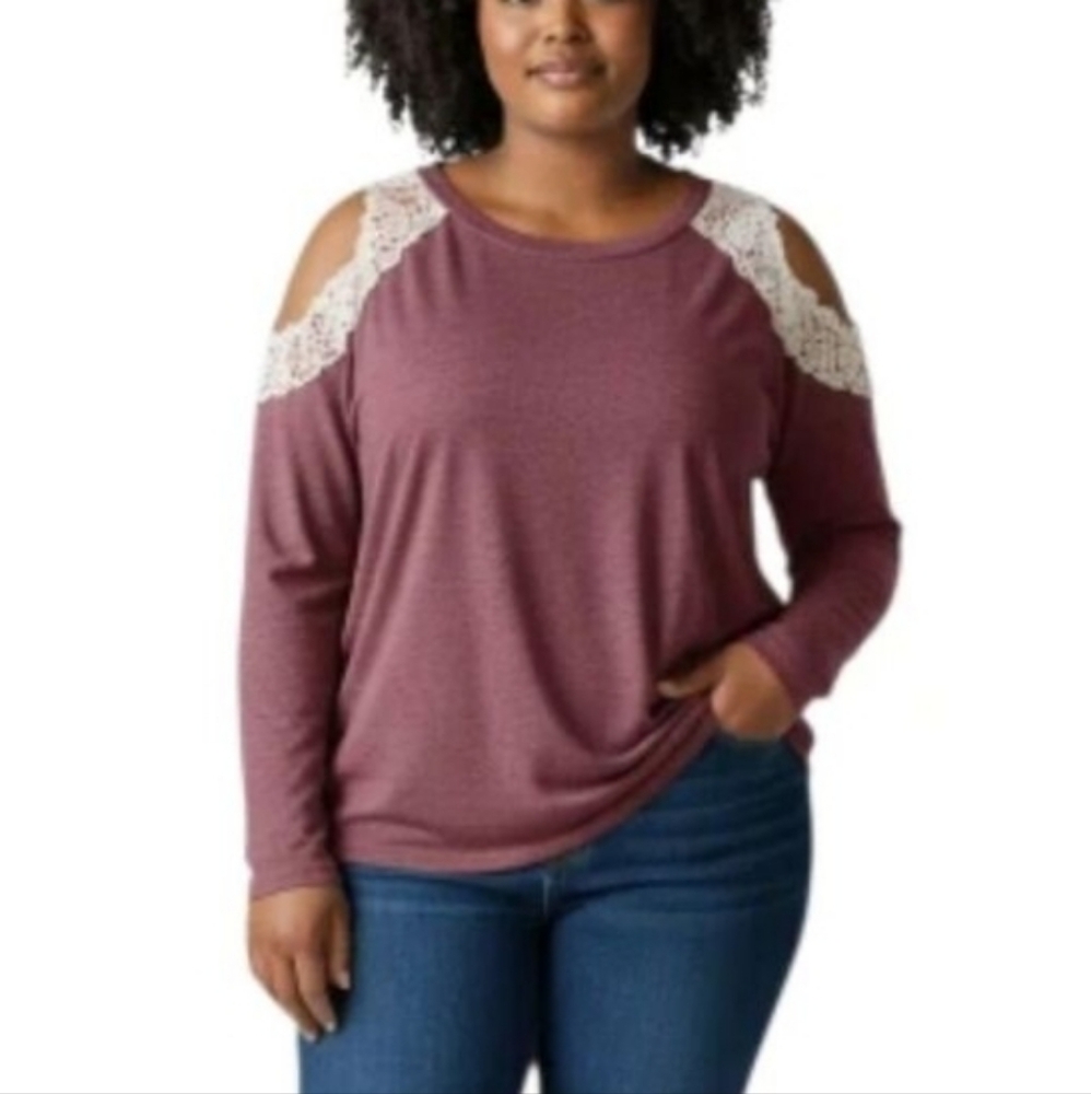 Maroon Cold Shoulder Lace Trimmed Long Sleeve Lightweight Sweater - NWOT💐 - Picture 1 of 9